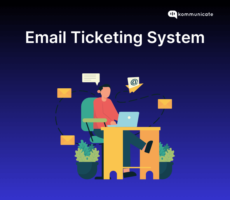 Illustration of a person sitting at a desk with a laptop, surrounded by email icons, representing an Email Ticketing System for managing and organizing support emails.