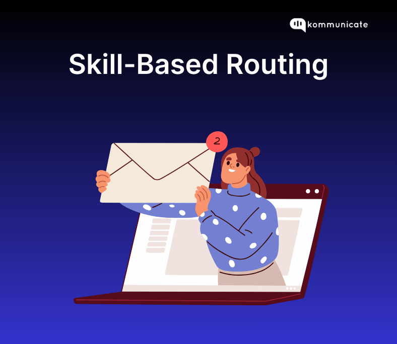 Illustration of a woman emerging from a laptop screen, holding a large envelope with a notification badge, representing skill-based routing. Kommunicate logo in the top right corner.