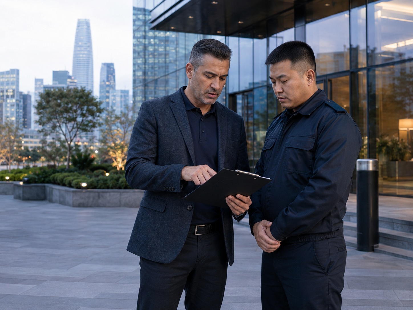 Security supervisor reviewing post orders with a guard