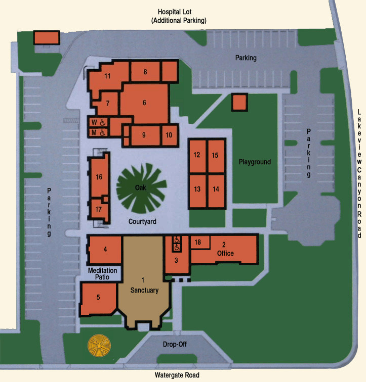 Ground floor plan of the Westminster Presbyterian Church campus, with numbered rooms keyed to the list beside it.