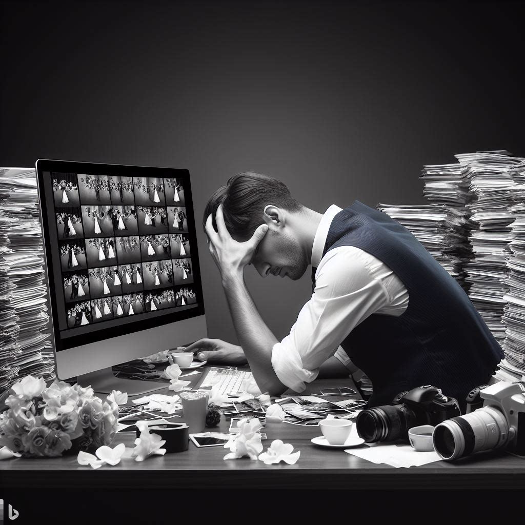 Man holding his head, stressed out with the number of of photos he has to cull in his computer