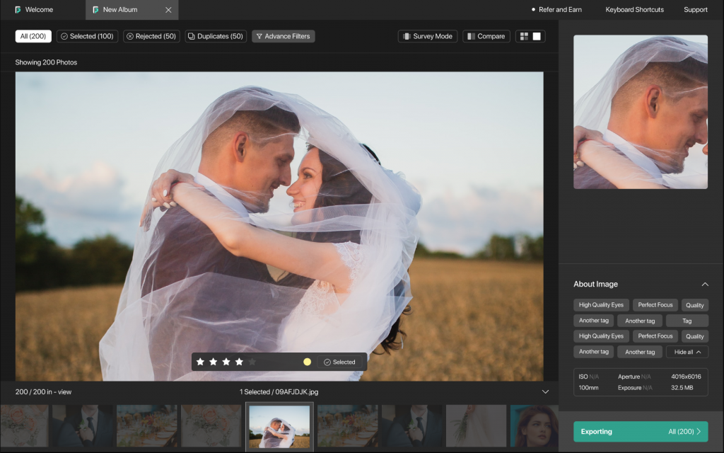 FilterPixel photo culling software dashboard