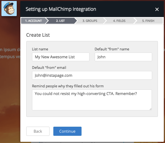 MailChimp integration with Instapage creating a new list.