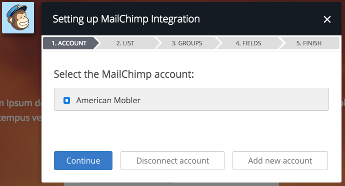 MailChimp integration with Instapage step 1.