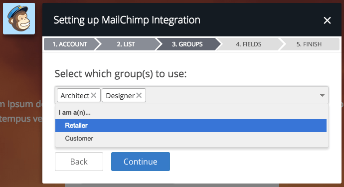 MailChimp integration with Instapage step 3.