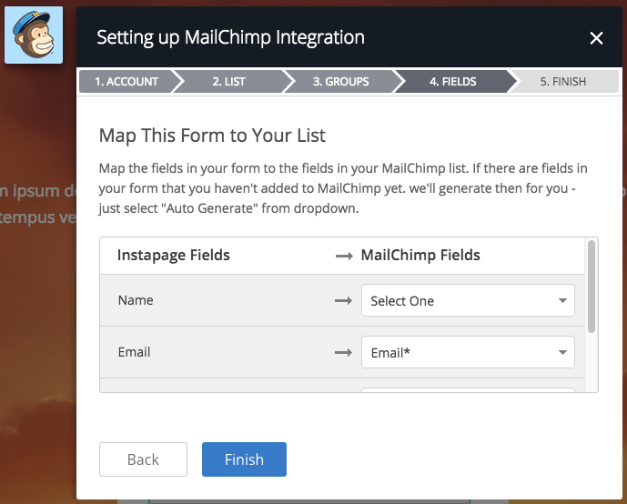 MailChimp integration with Instapage step 4.