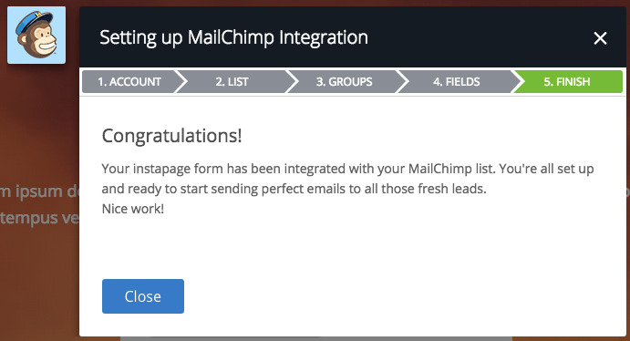 MailChimp integration with Instapage step 5 complete.