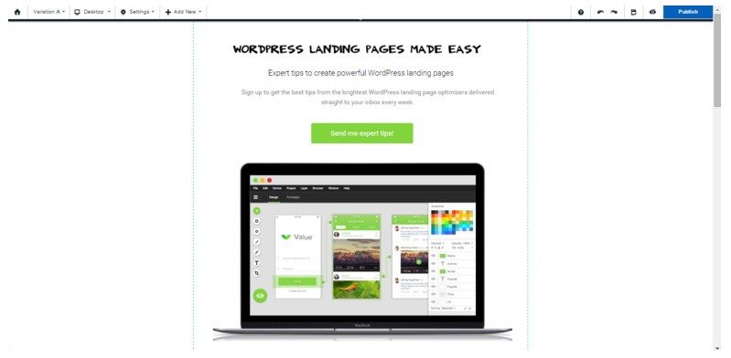 This picture shows a new WordPress landing page created with Instapage software.