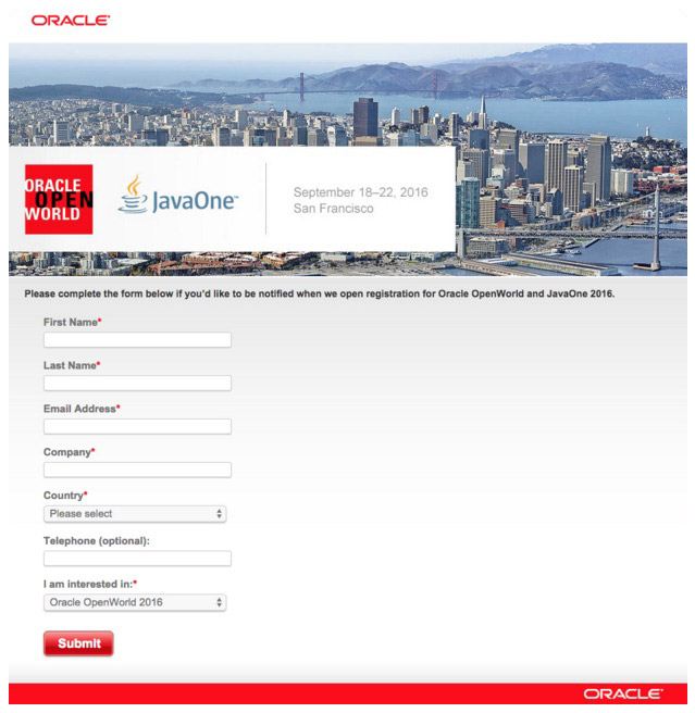 This picture shows how Oracle World uses their event post-click landing page to increase registrations and sales.