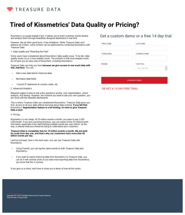 This picture shows Treasure Data's web form above the fold.