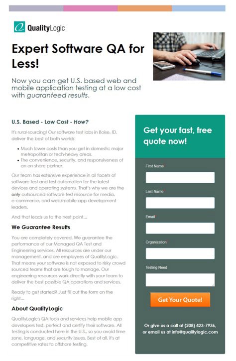 This picture shows Quality Logic's post-click landing page web form below the fold.