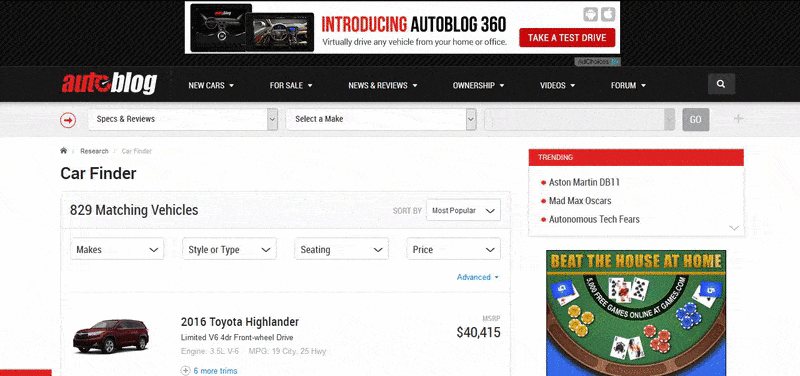 This picture shows the product page auto blog uses for its post click marketing