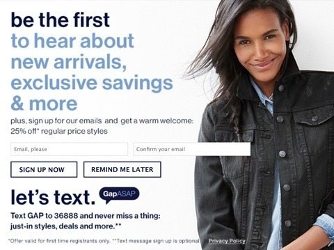 This picture shows marketers how Gap uses member perks to increase leads and email newsletters signups.