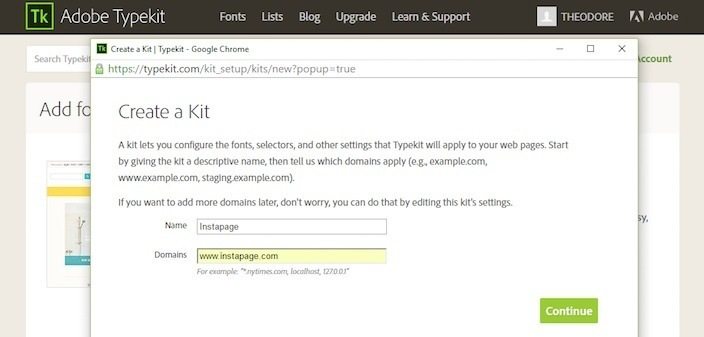 This picture shows marketers how to create a font kit in Adobe Typekit.