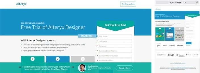 This picture shows marketers how Alteryx's static post-click landing page is not responsive to different screen sizes.