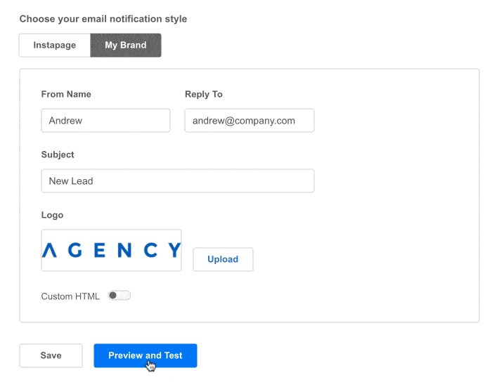 This gif shows marketers how to preview, test, and save branded email notifications from Instapage.