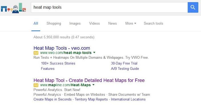 На этом изображении показаны два верхних результата поиска по запросу «инструменты тепловой карты» и их роль в оптимизации коэффициента конверсии.