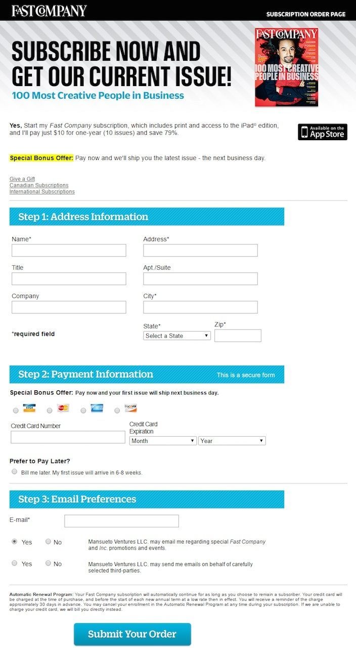 This picture shows marketers how Fast Company uses a Drupal post-click landing page to generate new subscription orders.
