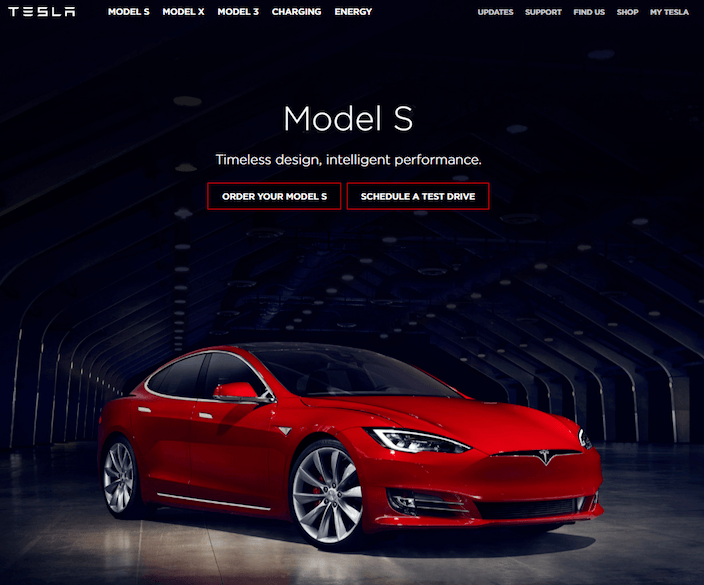 This picture shows Tesla Motors' website that is built with the Drupal CMS.
