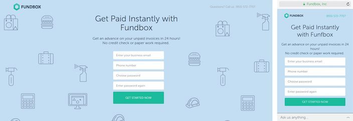 This picture shows marketers how Fundbox's get started responsive post-click landing page looks on desktop and mobile.