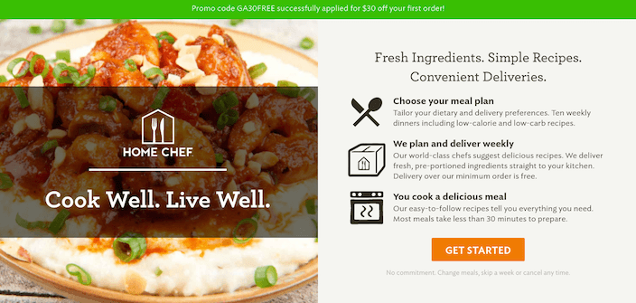 This picture shows marketers how Home Chef uses a click through post-click landing page to generate conversions.