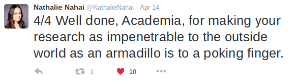 This picture shows marketers a Tweet with academia language and why it should be avoided on post-click landing pages.