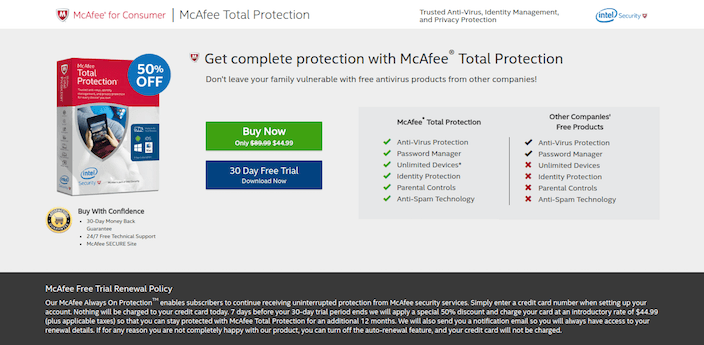 This picture shows marketers how McAfee antivirus software uses a click through post-click landing page to generate free trials and sales.