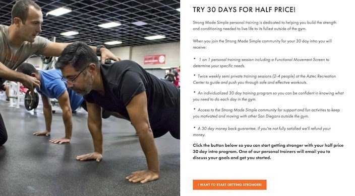 This picture shows how personal training programs can use a click through post-click landing page to generate conversions and sales.