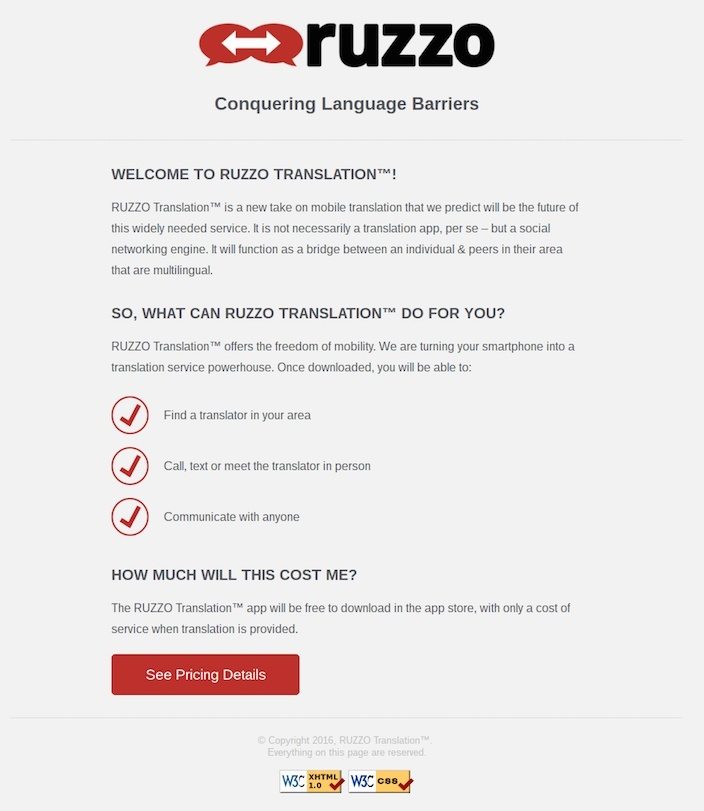 This picture shows marketers how Ruzzo uses a click through post-click landing page to generate conversions.