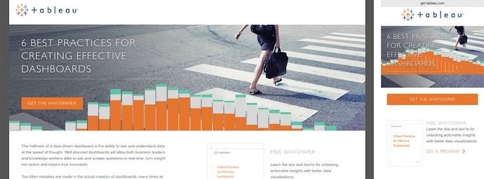 This picture shows marketers how Tableau's whitepaper responsive post-click landing page looks on desktop and mobile.