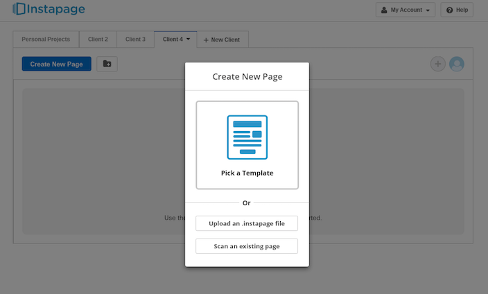This picture shows marketers the three options you can create a WordPress post-click landing page with Instapage: pick a template, upload a file, or scan an existing page.
