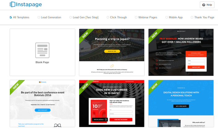 This picture shows marketers the available templates when building a WordPress post-click landing page: lead generation, click-through, webinar pages, and more.