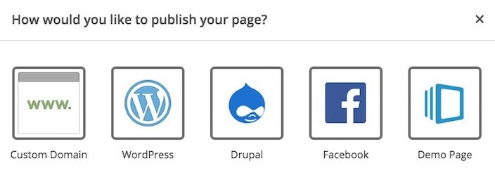 This picture shows marketers the available publishing options with Instapage software, including custom domains, WordPress, Drupal, and Facebook.