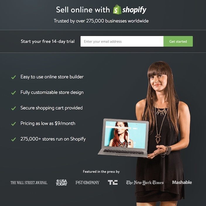 This picture shows marketers how Shopify optimized their post-click landing page with an above-the-fold CTA to generate maximum free trial signups.