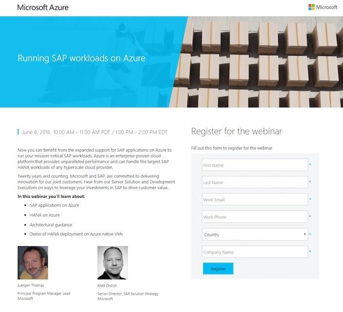 This picture shows marketers how Microsoft Azure uses a webinar landing page to generate leads and sales.