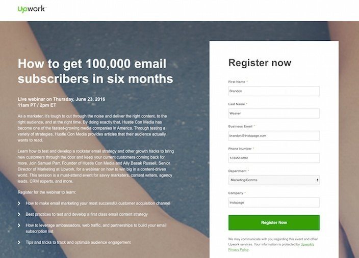 This picture shows marketers how Upwork uses a webinar post-click landing page to generate leads and sales.