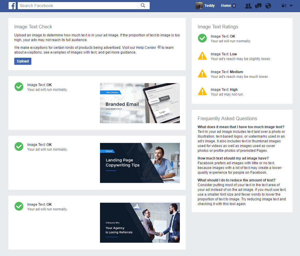 Esta imagen muestra a los profesionales del marketing 3 ejemplos de cómo Facebook califica la superposición de texto en las imágenes y la frecuencia con la que les permitirá mostrarse.