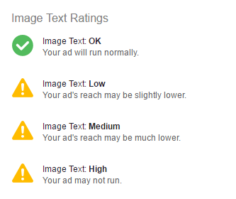 Esta imagem mostra aos marketeers como o Facebook classifica os anúncios e a sua quantidade de texto utilizado: OK, baixo, médio, e alto.