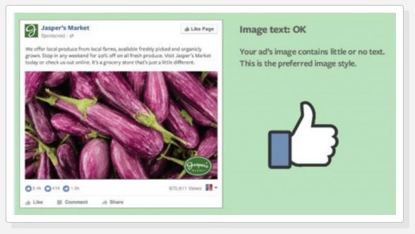 この画像は、Facebook の更新された 20% のテキスト ルールを使用して、OK 評価がどのように見えるかをマーケターに示しています。's updated 20 percent text rule.