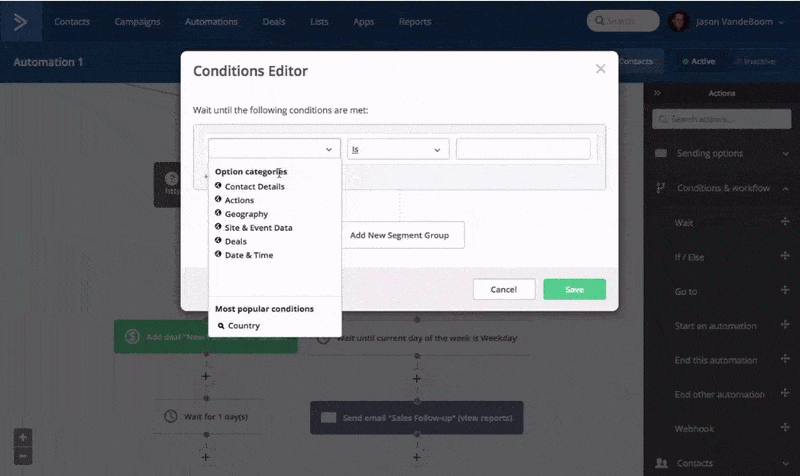 this image shows how marketing automation works in ActiveCampaign, and how you can use this tool to automate your email post-click landing pages