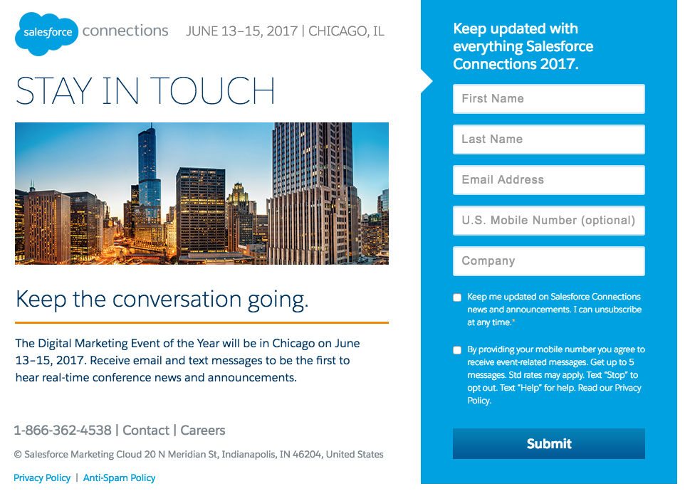 This picture shows marketers how Salesforce uses an event post-click landing page to grow its email list and drive event signups.