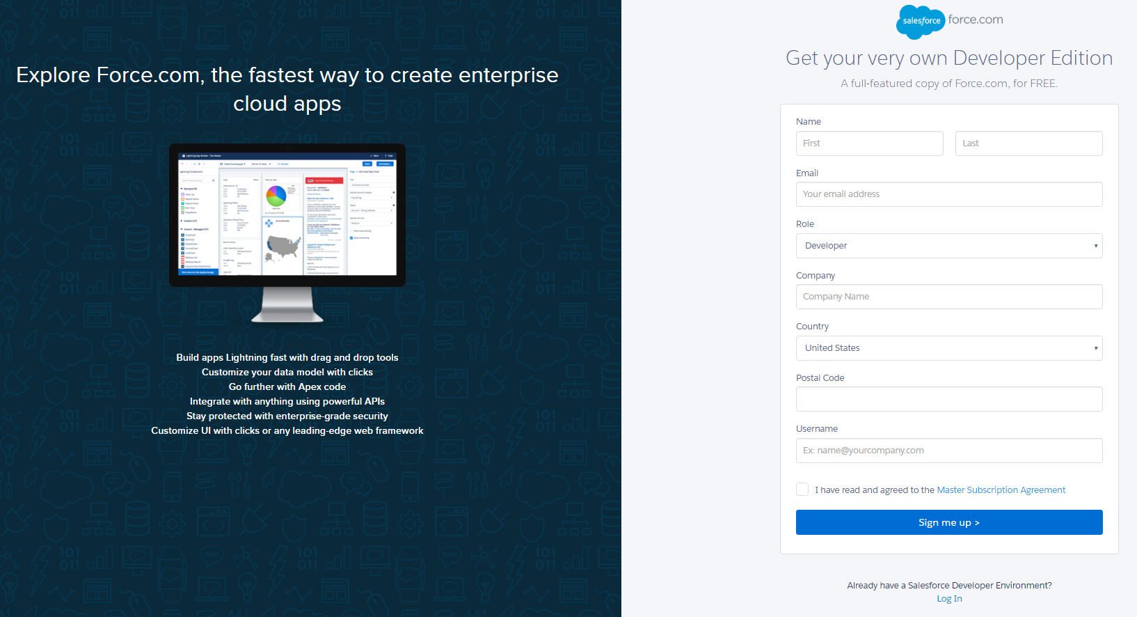 This picture shows marketers how Salesforce uses a post-click landing page to generate new signups for Force.com.
