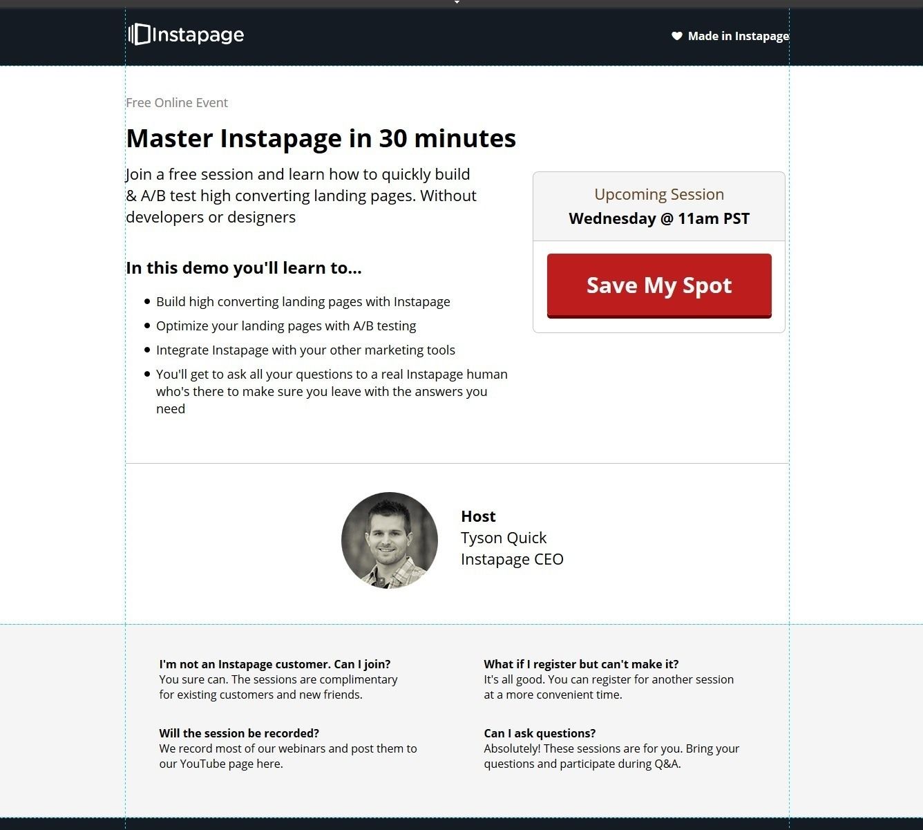 this image shows variation B of Instapage's page. There were three more variations created for the page, to avoid the A/B testing mistake of giving up too soon.