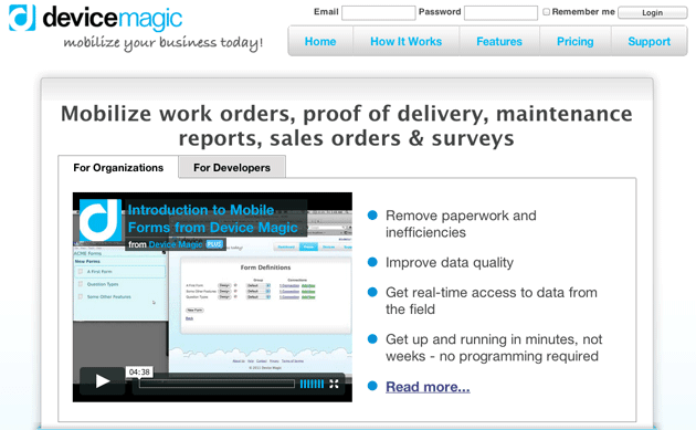 this image shows the control page for Device Magic's A/B test. To avoid making any A/B testing mistakes Device Magic tested whether video would perform well on the page, instead of blindly following best practices