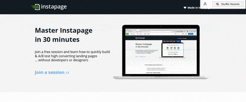 this image shows Instapage's control page. There were three more variations created for the page, to avoid the A/B testing mistake of giving up too soon.