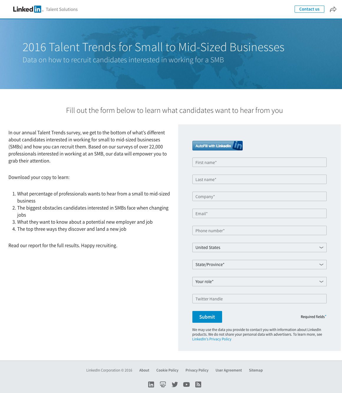 This picture shows marketers how LinkedIn uses a post-click landing page to generate leads from its 2016 Talent Trends survey.