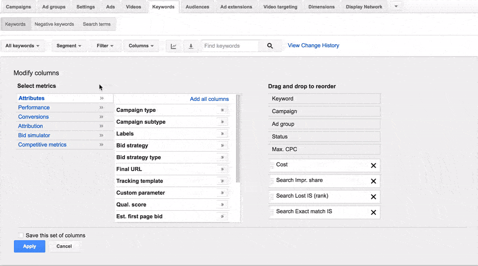 This gif shows marketers how to add the Quality Score column to AdWords campaigns.