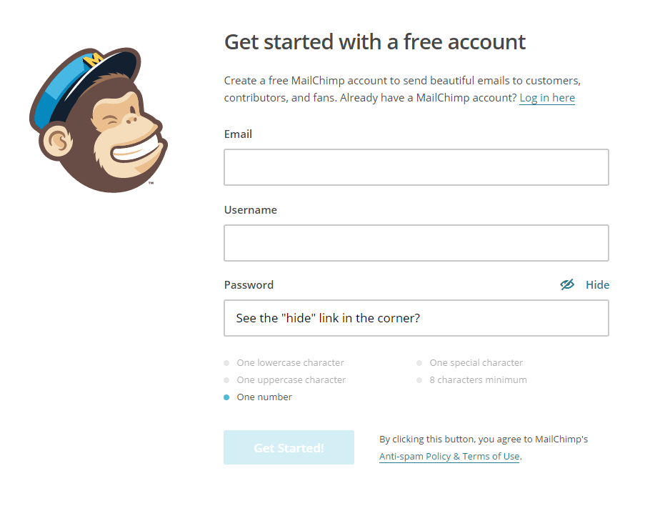 ez a kép azt mutatja, hogy a MailChimp regisztrációs oldala egy rövid űrlapot és Adatvédelmi irányelvet használ az új feliratkozások növeléséhez.