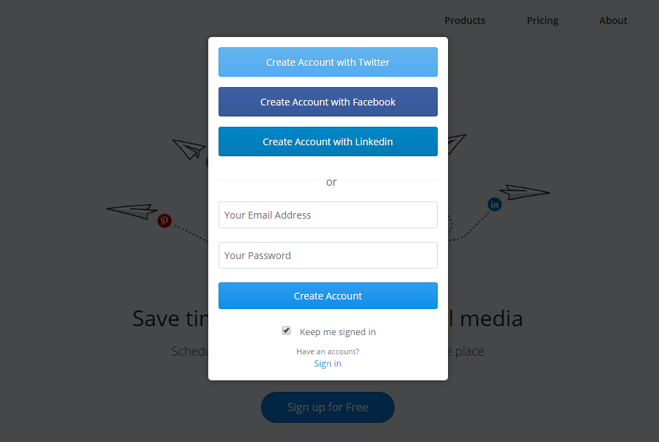  dette bildet viser Buffers registreringsskjema og hvordan De optimaliserer Det for nye kunder med sosiale knapper og et kort skjema.