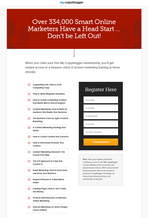 Dieses Bild zeigt das Anmeldeformular von Copyblogger und wie es mit Aufzählungszeichen und einem kontrastierenden CTA zum Erstellen eines Kontos optimiert wird.
